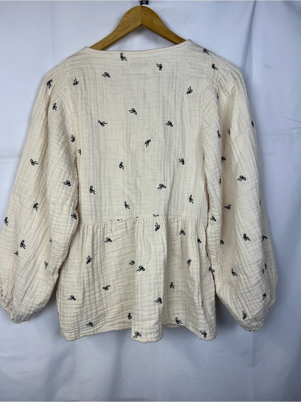 Madewell Lightspun Peplum Faux Wrap Top Tiny Bows Women Cream Puff Sleeve Sz XS